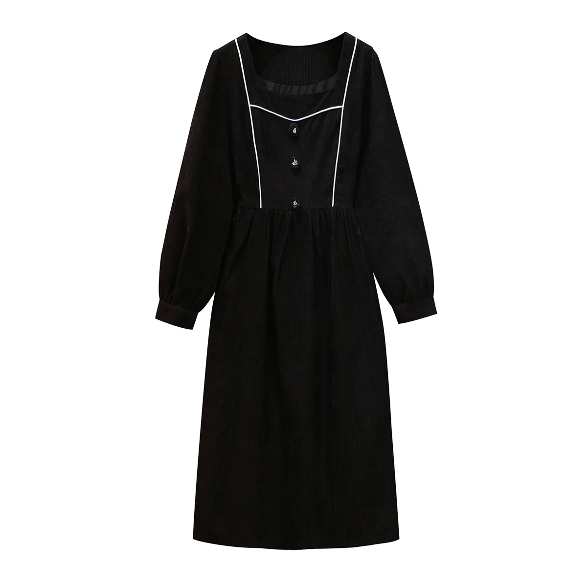 

Women 2022 New Spring Plus Size Corduroy Dress Square Collar Long Sleeve High Waist Pleated Party Dress Fashion Black Clothing