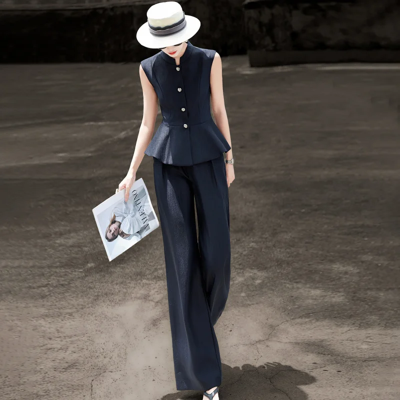 MEXCOCO 2026 Summer New Women Commuter Suit, Sleeveless Fitted Top & Wide Leg Pants Two Piece Set