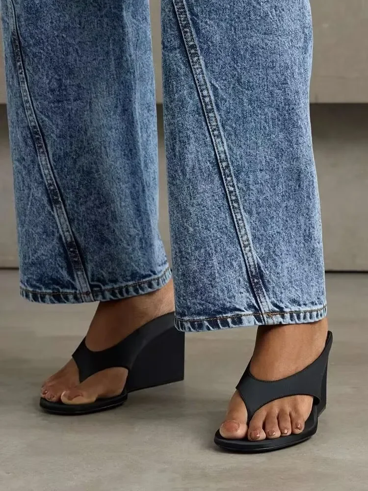 

Baby Blue Suede Leather Wedges Heeled Slippers Women's 2025 Summer New in Colorful Sexy Flip Flops Luxury Mules Party Shoes