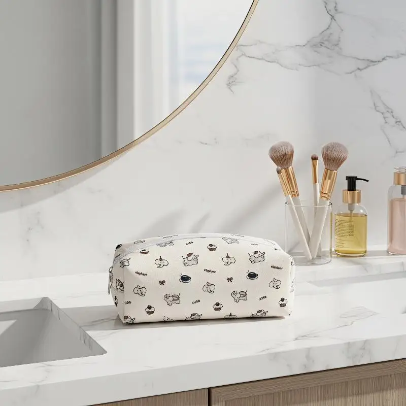 Cute Canvas Pencil Case Cartoon Elephant Print Smooth Zipper Big Storage for Office Desk Small Accessories Organizer