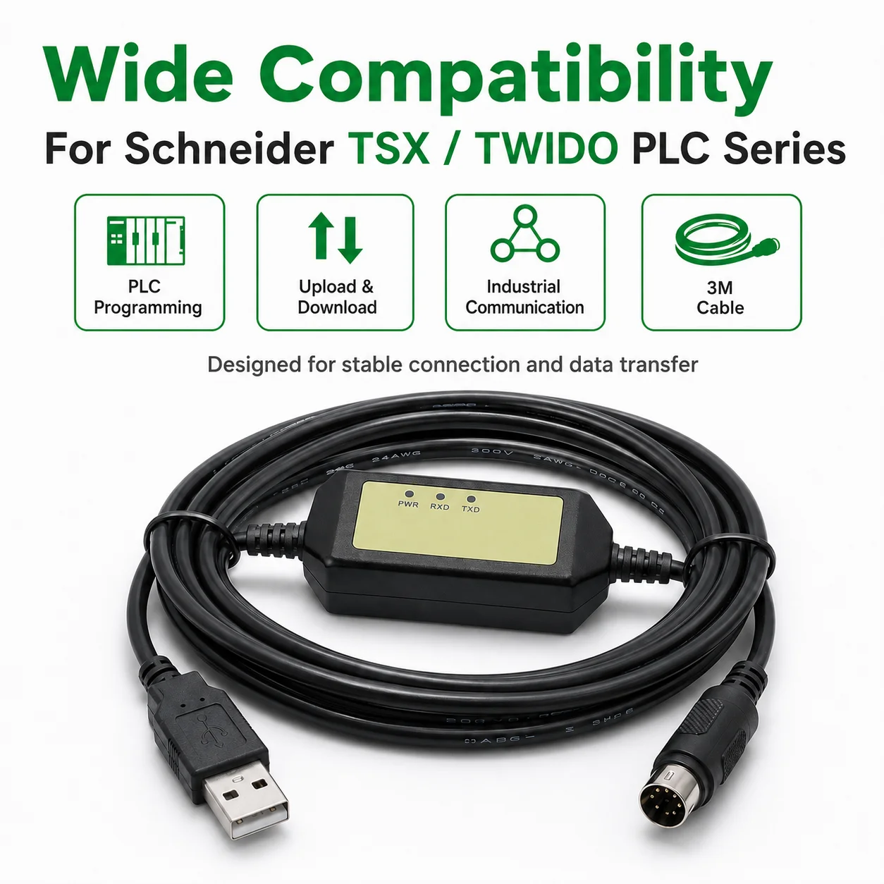 Кабель для программирования ПЛК TSXPCX3030 USB для Schneider TSX TWIDO NEZA Series, 8-контактный Mini DIN, 3 м, кабель для загрузки, 5 В