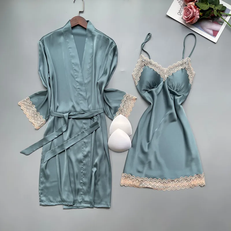 

Summer New Sexy Lace Robes Set Women's Sleepwear Satin Silk Home Clothes Backless Spaghetti Strap Kimono Bathrobe Gown Lingerie