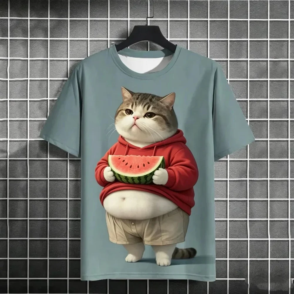 Funny 3D Fat Cat Pizza Print Men's T-shirt Novelty Fashion Daily Short Sleeve T shirts Casual Crew Neck Y2k Tops Summer Clothing