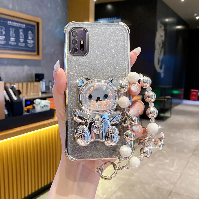 Capa Suporte para Celular com Alça de Pérolas e Glitter Urso Preguiçoso para Motorola Moto G30 G20 G10 Power G52 G54 G84 G71S G82