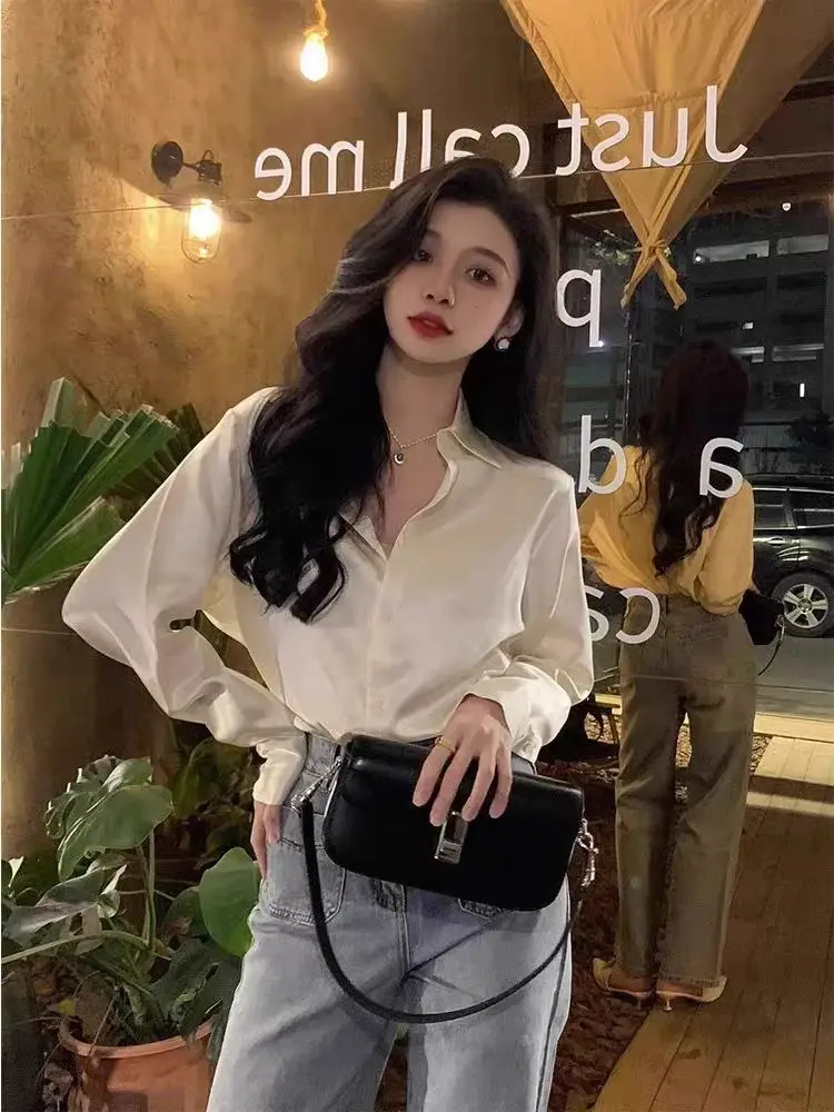 Elegant Satin Solid Women Shirt Autumn Turn-down Collar Ladies Blouse Spring Vintage Casual Button Simple Tops Female Clothes