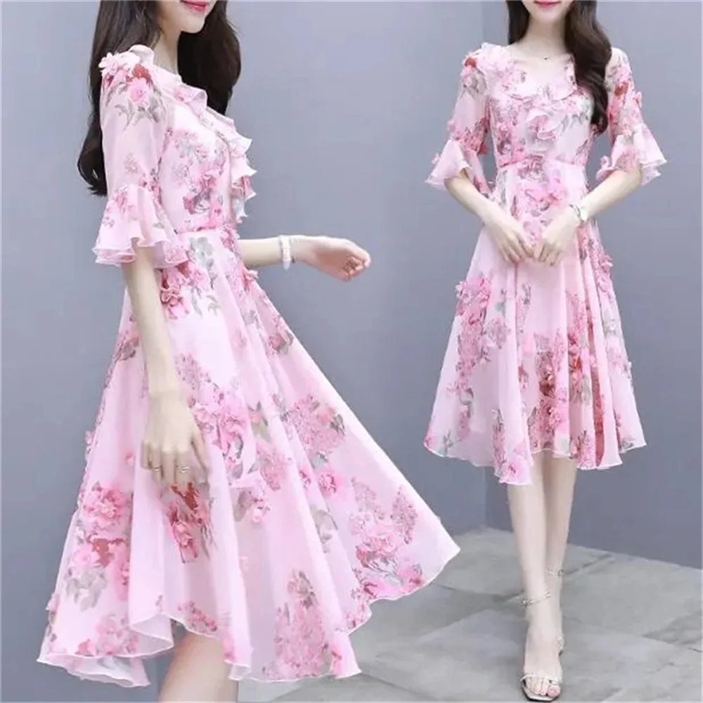 Women\'s New Fashion Ruffled Dress 2024 Summer Korean Fashion Slim Medium Long V-neck Chiffon Floral Dress Female A Word Skirt