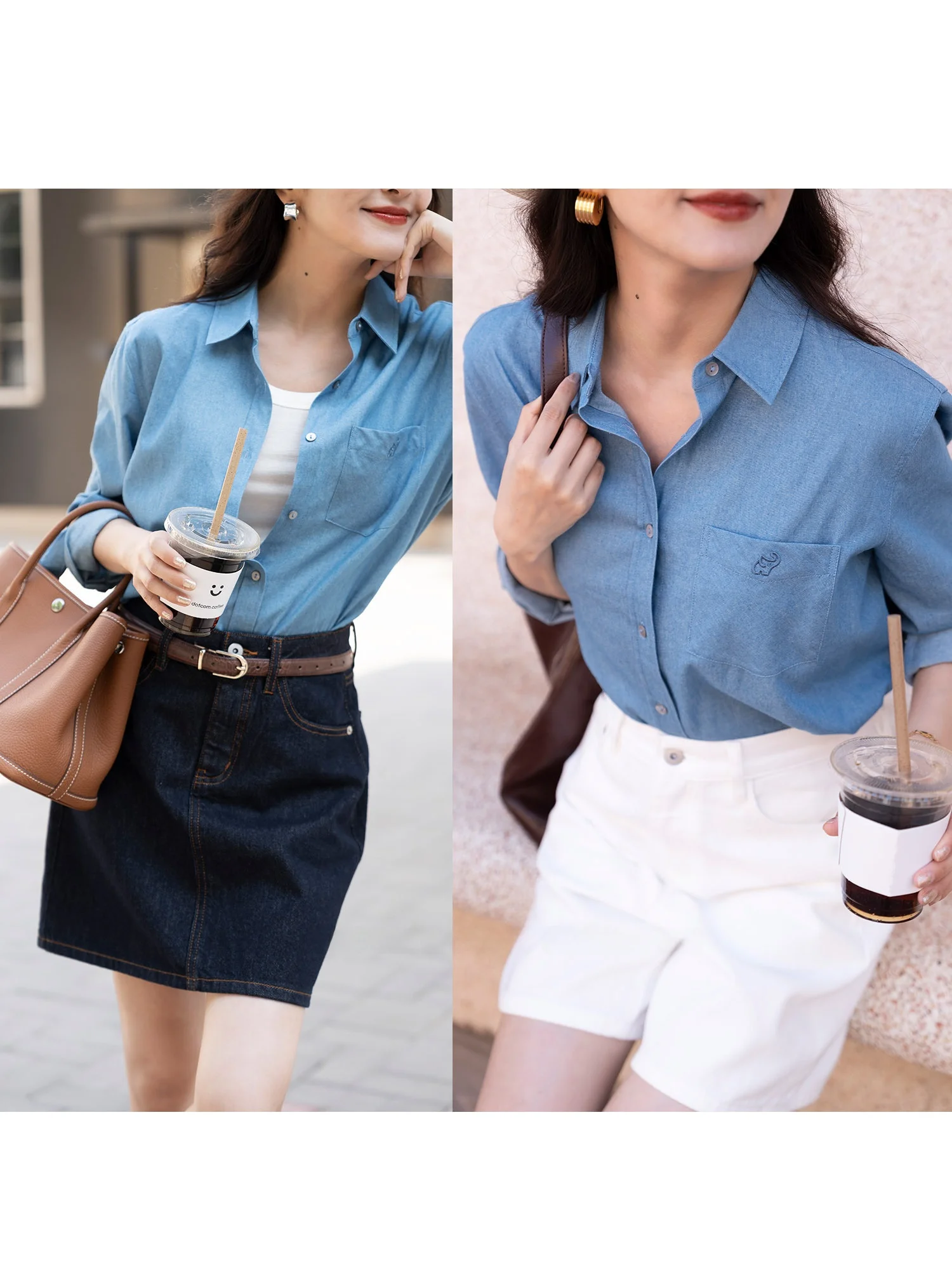 

Lightweight Cotton Denim Shirt Elephant And Giraffe Pattern Comfortable Spring Summer Shirt for Women Casual Wear 405304