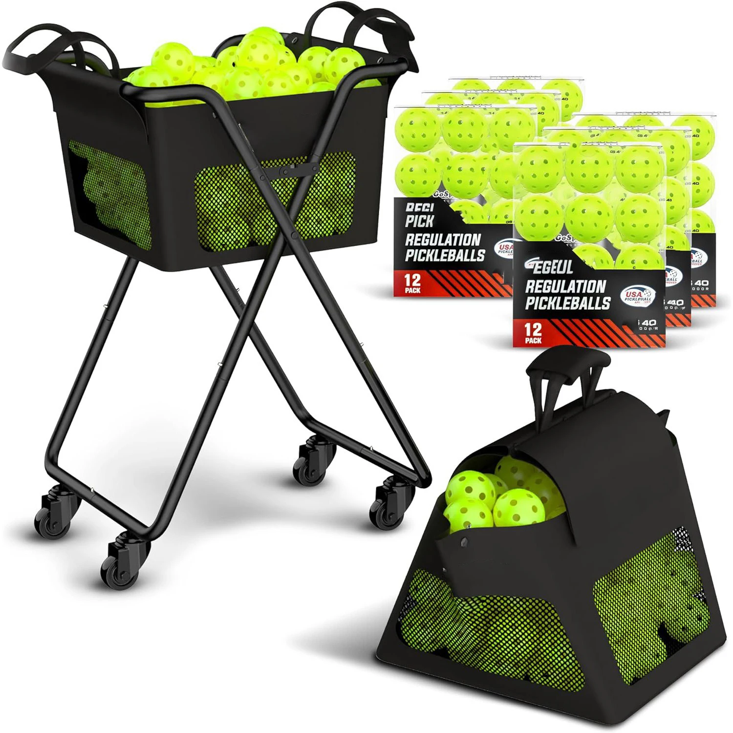 Metal Steel Frame Instant Fold-up Ball Container Wheeled Baseball Tennis Ball Caddy Pickleball Collector Basket for Training