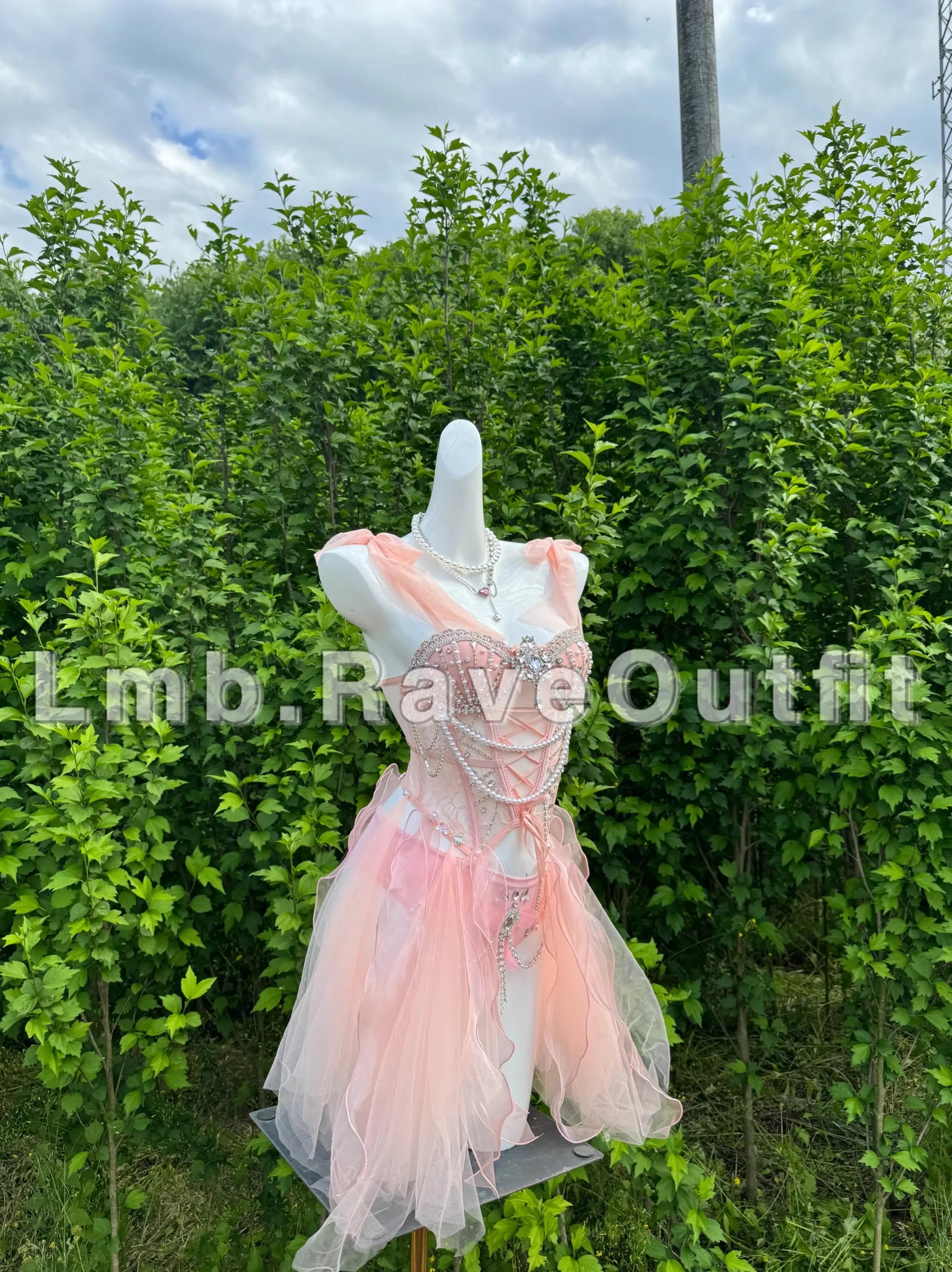 Light Pink Luxurious Tassel Shiny Diamond Bikini Dress Bar Nightclub Singer Dance Stage Wear Party Birthday Prom Rave Outfits