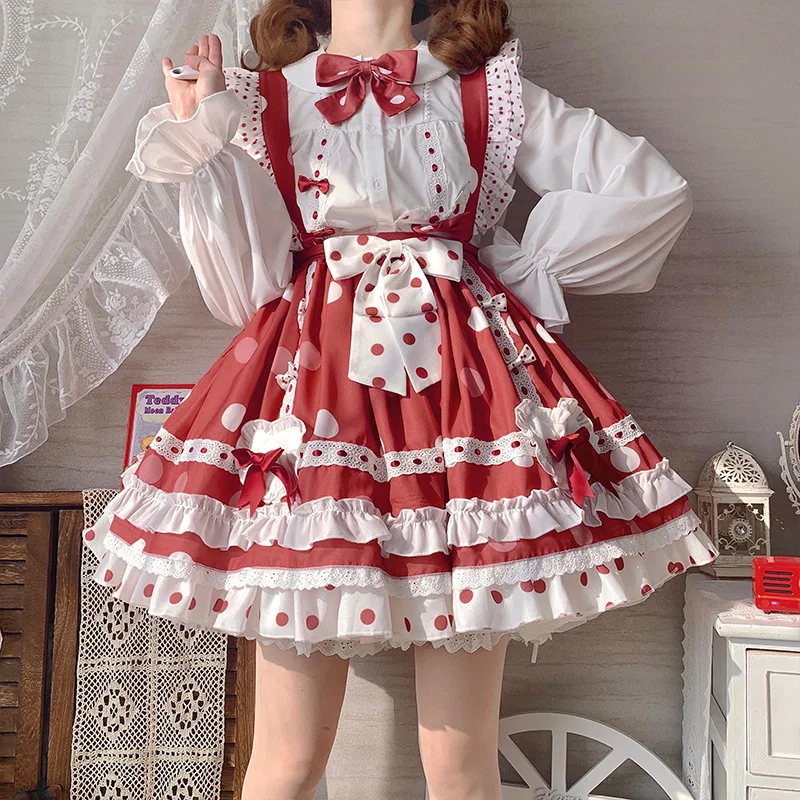 

Japanese Gothic Lolita Dress Women Kawaii Bow Strawberry Red Dress Long Sleeve Princess Dress Halloween Costume Gift For Girls