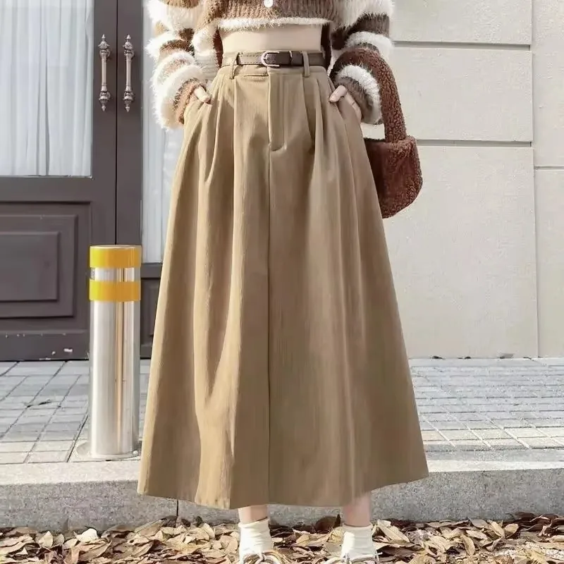 Retro Corduroy Skirt Elegant Women's Korean Fashion High-waisted Long Skirts A-line Midi Clothes Vintage Style Gift Belt Street