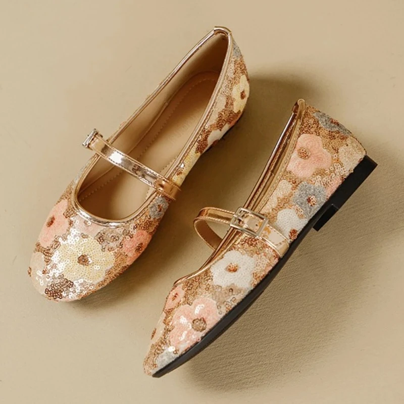 

Bling Colorful Flowers Shallow Ballet Flats Women Round Toe Buckle Mary Jane Shoes Ethnic Style Comfort Lightweight Flat Sandals