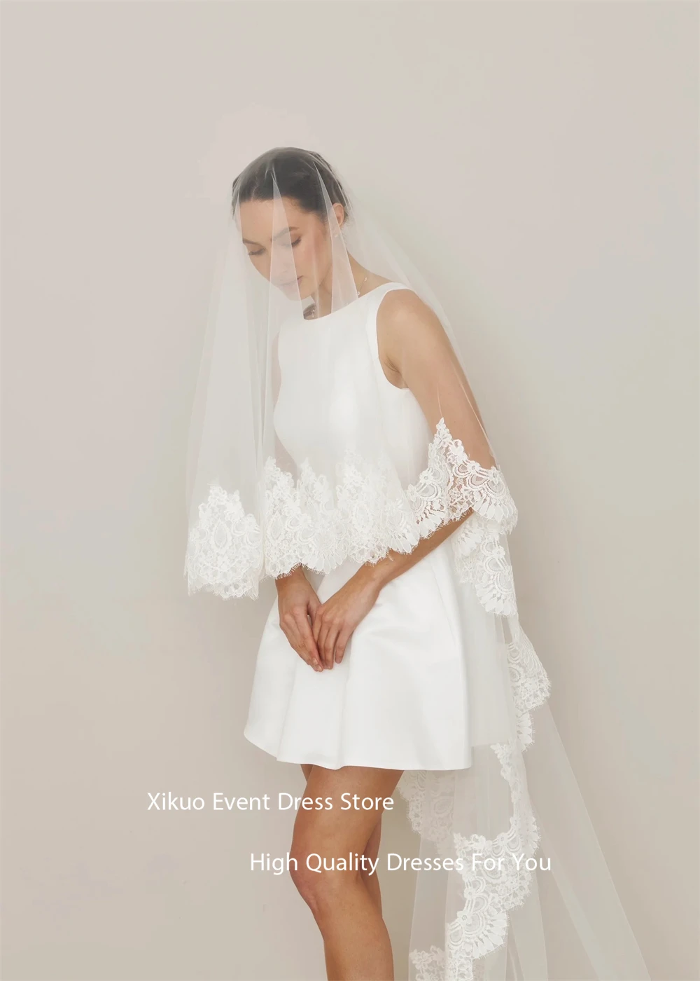 Xikuo senza maniche scollo rotondo abito da sposa backless mini lunghezza abiti da sposa una linea abiti da sposa per ragazza personalizzata