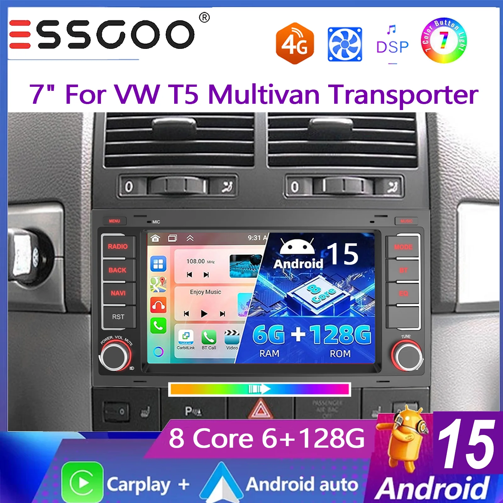 ESSGOO 7-calowy Android 15 8-rdzeniowy 6+128G Radio Samochodowe do VW T5 Multivan Transporter z Bezprzewodowym Carplay, Android Auto, GPS NAVI, DSP, RDS, FM, WIFI, Bluetooth, Mirror Link, SWC, Ekran