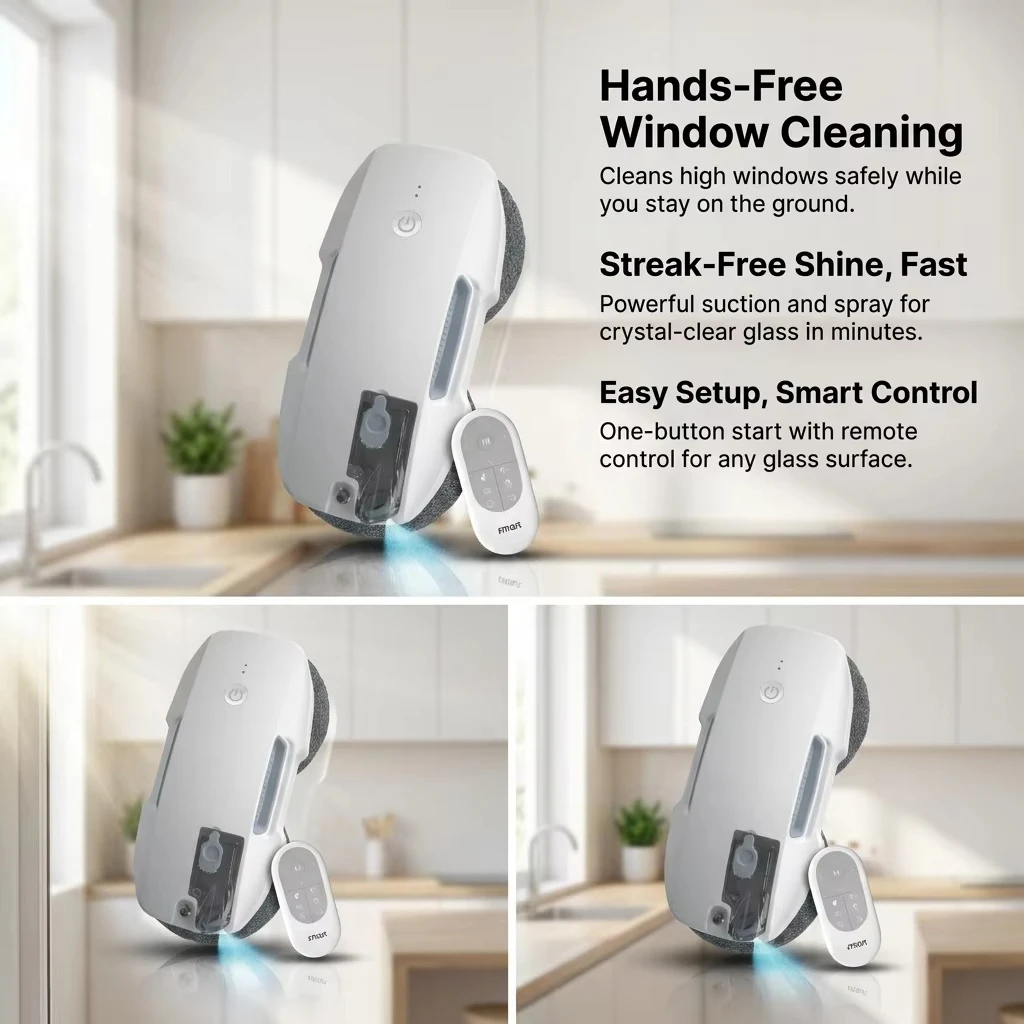 Smart Window Cleaning Robot 3800Pa Inverter Suction Automatic Glass Cleaner 20ml Ultrasonic Mist Water Tank AI Path Planning Car