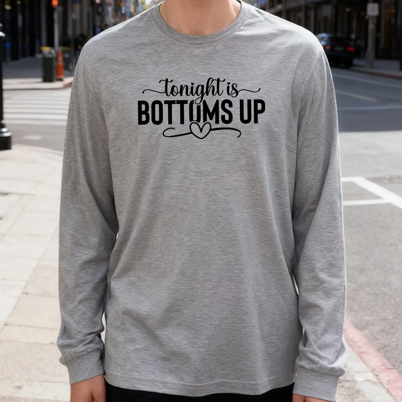 Tonight Is Bottoms up and Heart Men's Long Sleeve Tee 100% Cotton 180g Crew Neck Casual Daily Style Soft and Breathable