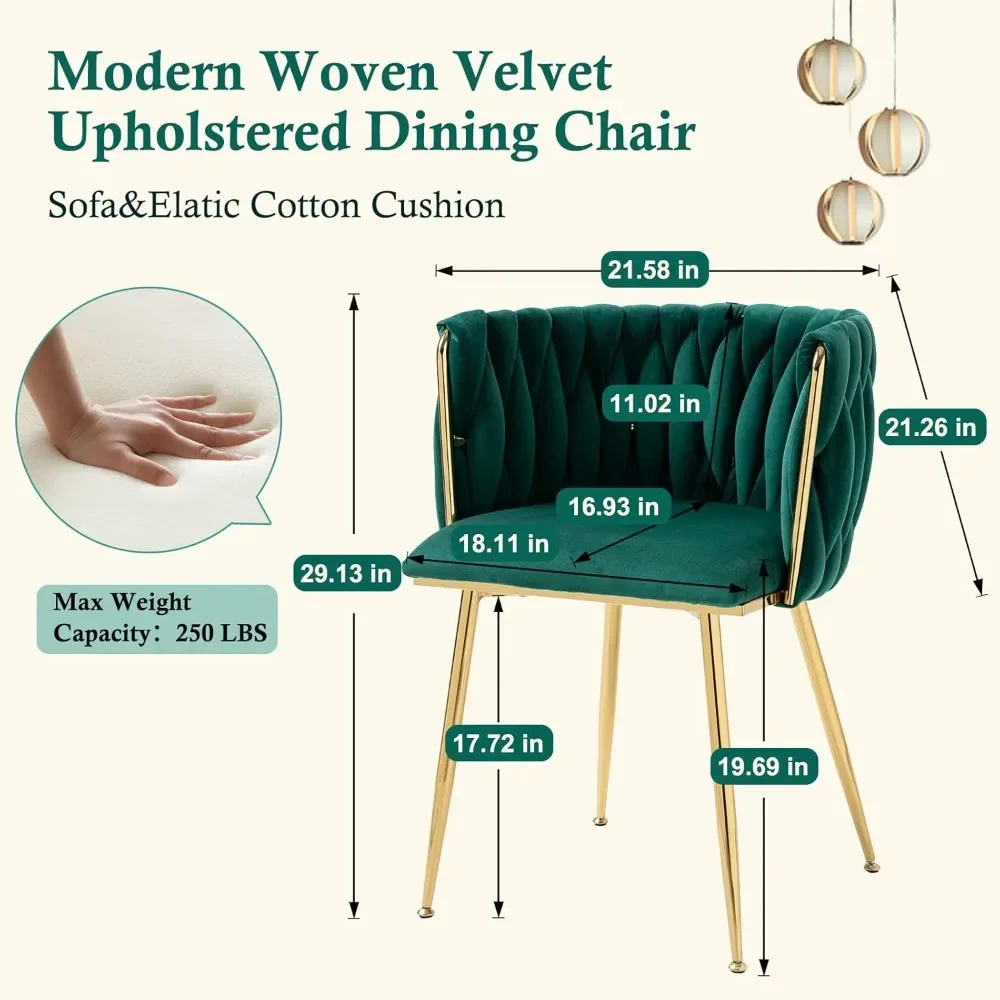 Modern Velvet Dining Chairs Hand Weaving Accent Chairs Living Room Chairs Upholstered Side Chair with Golden Metal Legs