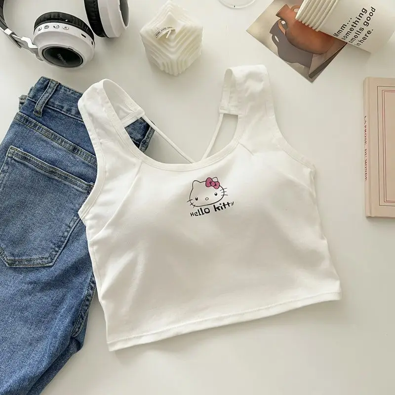 Sanrio-Top de Hello Kitty con almohadilla para el pecho para niña, Top corto fresco de verano, Top blanco Sexy con tirantes, 2000