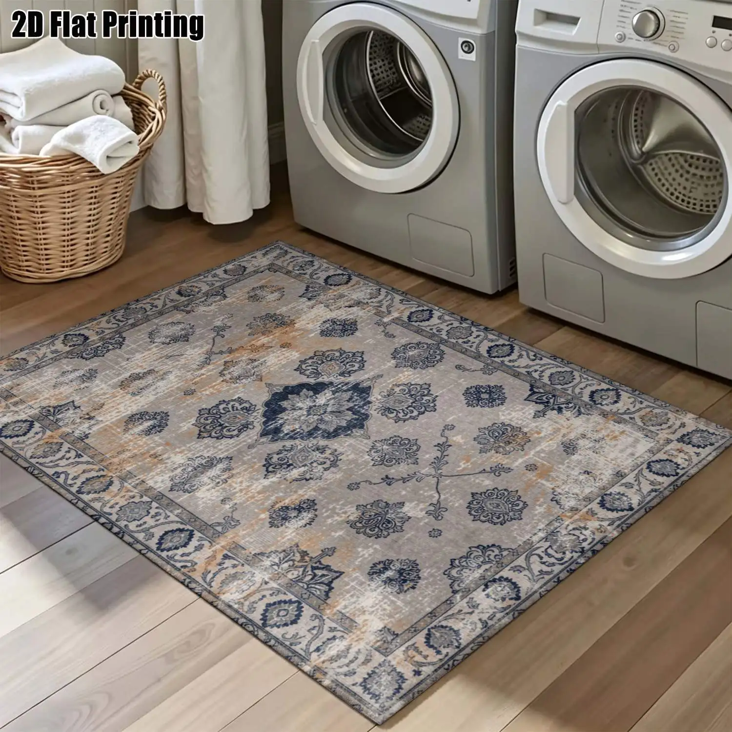 1Pc 2D Printed Retro Floral Blue-Grey Carpet: European/Bohemian Style, Multi-Size, Machine Washable, for Entrance, Living Room, Bedroom, Dining Room, Foyer as Home Decor