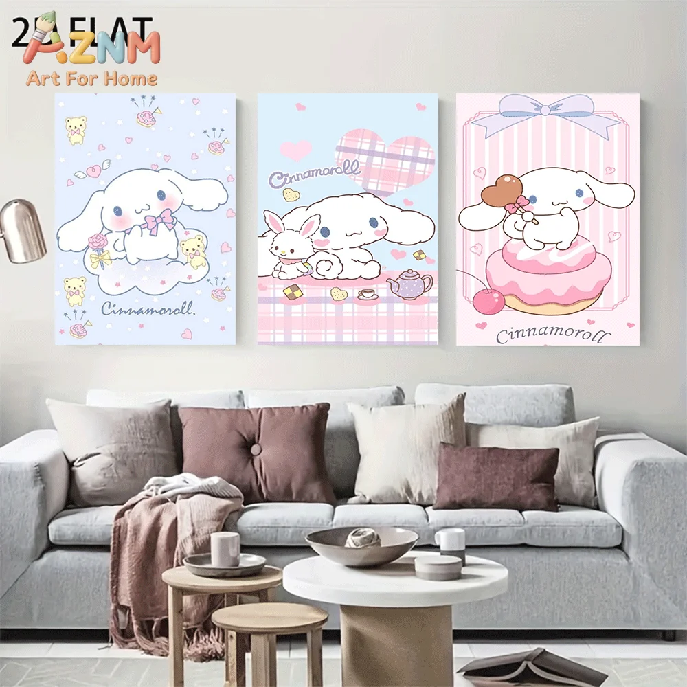 AZNM Cinnamoroll Canvas Wall Art Unframed Cute Cartoon Print Poster Rabbit Donut Bow Heart Plaid Kawaii Pastel Design for Girls