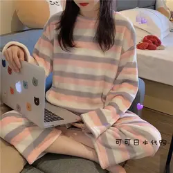 Women Winter Flannel Sleepwear Long Sleeved Thickened Plush Velvet  Pajama Sets Kawaii Cartoon Warm Pijama Mujer Night Suits Pj