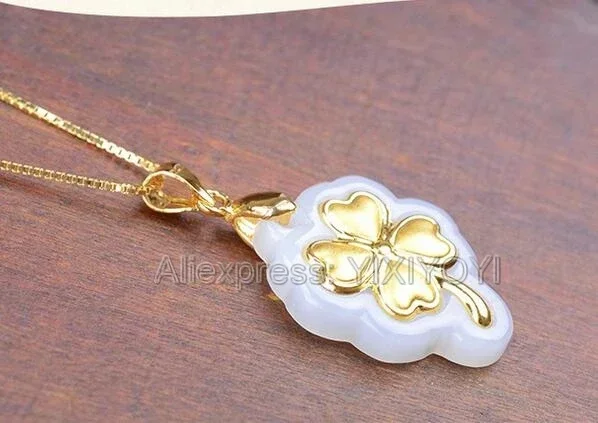 Natural White Hetian Jade Solid Gold Inlaid Carved Heart Tree Leaf Lucky Pendant Chain Necklace Charm Gift Jewelry + Certificate