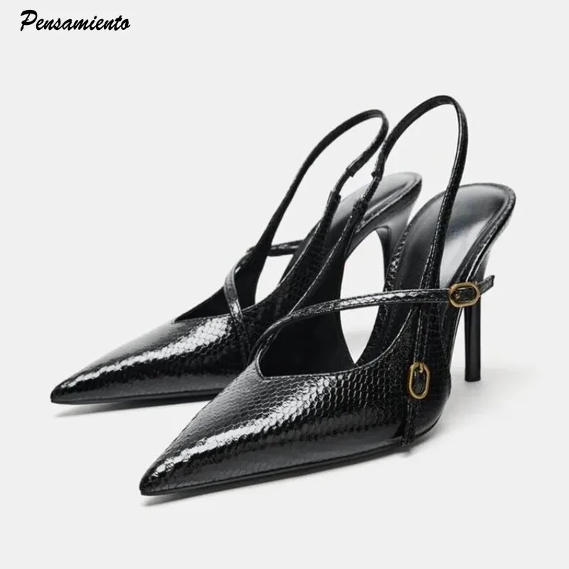 

2026 Spring Summer Fashion Embossed Cross Strap Buckle Women Pumps Elegant Slingbacks Thin High heels Office Lady Dress Shoes