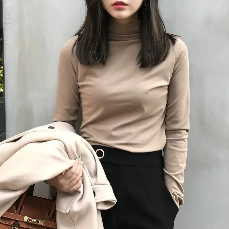 2023 New Bottoming Shirt Women's Brushed Top Korean Style Solid Color Tees Long Sleeve Middle Collar Fall Winter Slim T-Shirts