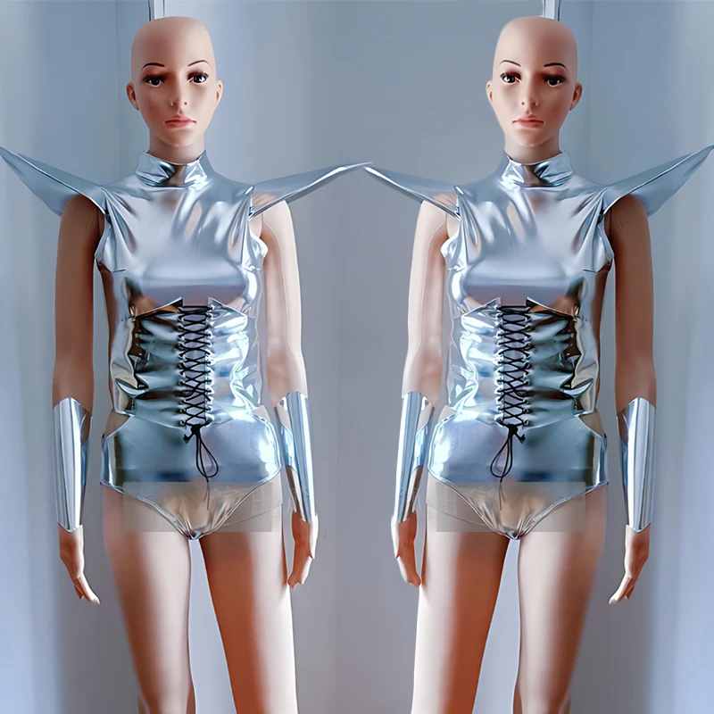 

Futuristic Performance Stage Outfit Women Silver Sleeveless Bodysuit Gogo Show Dance Costume Drag Queen Rave Clothing VDL3786