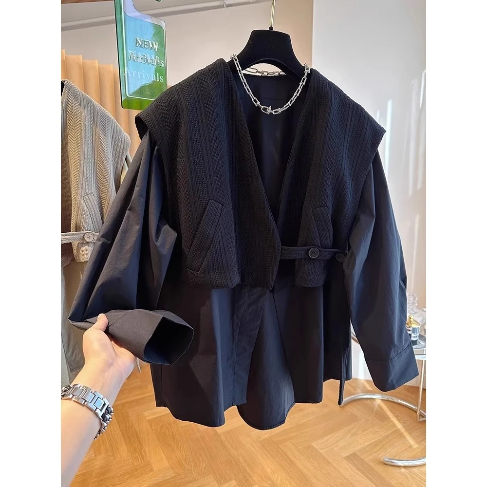 

Autumn Winter Large Size 300 Pounds Knitted Vest Shirt Patchwork Unique Fake Two-Piece Shirt Jacket Trendy Men's Casual Shirt