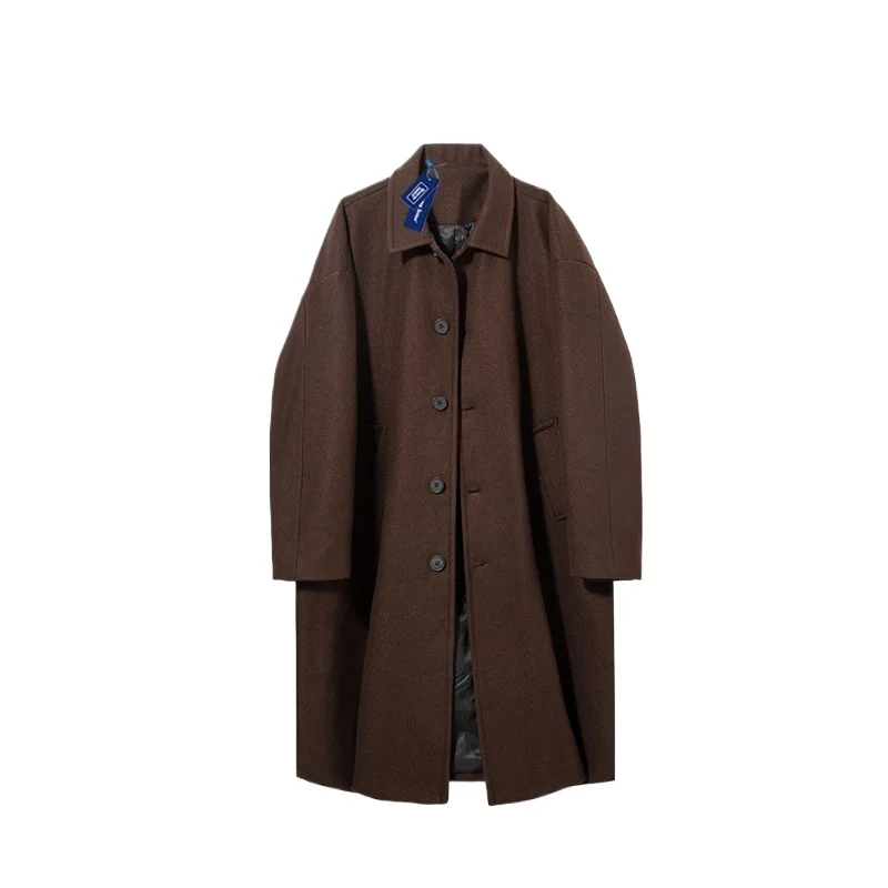 

SuperAen Spring and Autumn New England Style Black Woolen Long Overcoat Lapel Collar Single-breasted Solid Color Coat