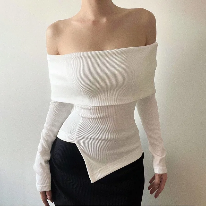 Women's Off Shoulder Asymmetric Long Sleeved Top Temperament Commuting Autumn New Female Simple Solid Fashion Pullover Tops