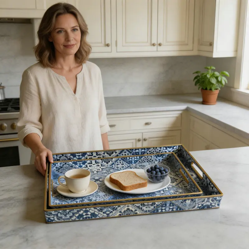 

Elegant Rectangle PP Plastic Tray with Handles, Blue Porcelain Pattern, Coffee Table Storage Decor, Decorative Serving Tray