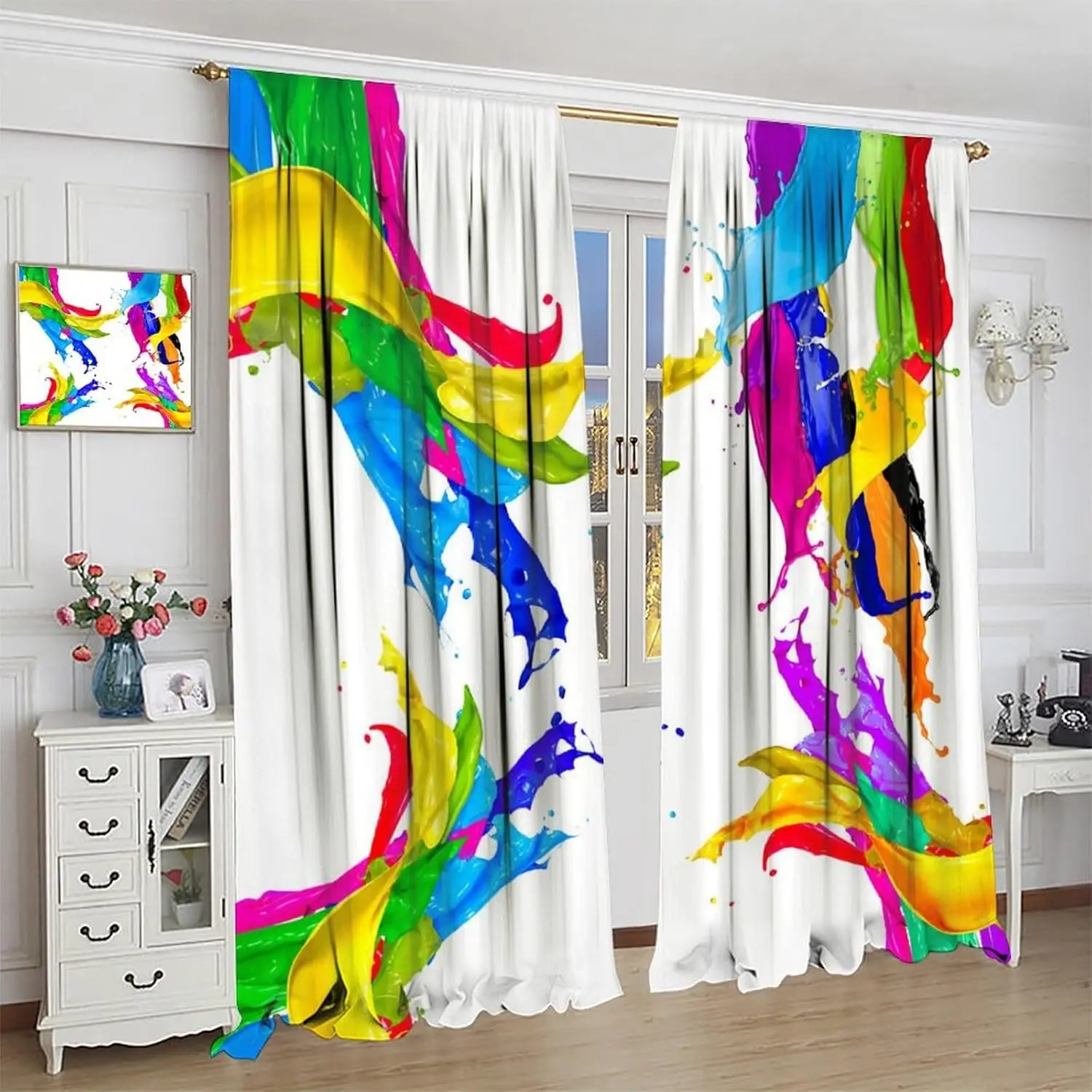 Colorful Paint Curtains, Rainbow Color Creative Abstract Splatter Paint Painting Art White Background Print Rod Pocket Window