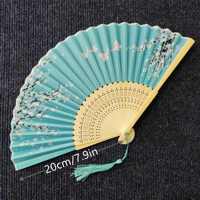 Chinese Vintage Cloth Fans Handheld Wooden Handle Art Flower Patterns Folding Flower Fan Classical Dance Party Performance Tool