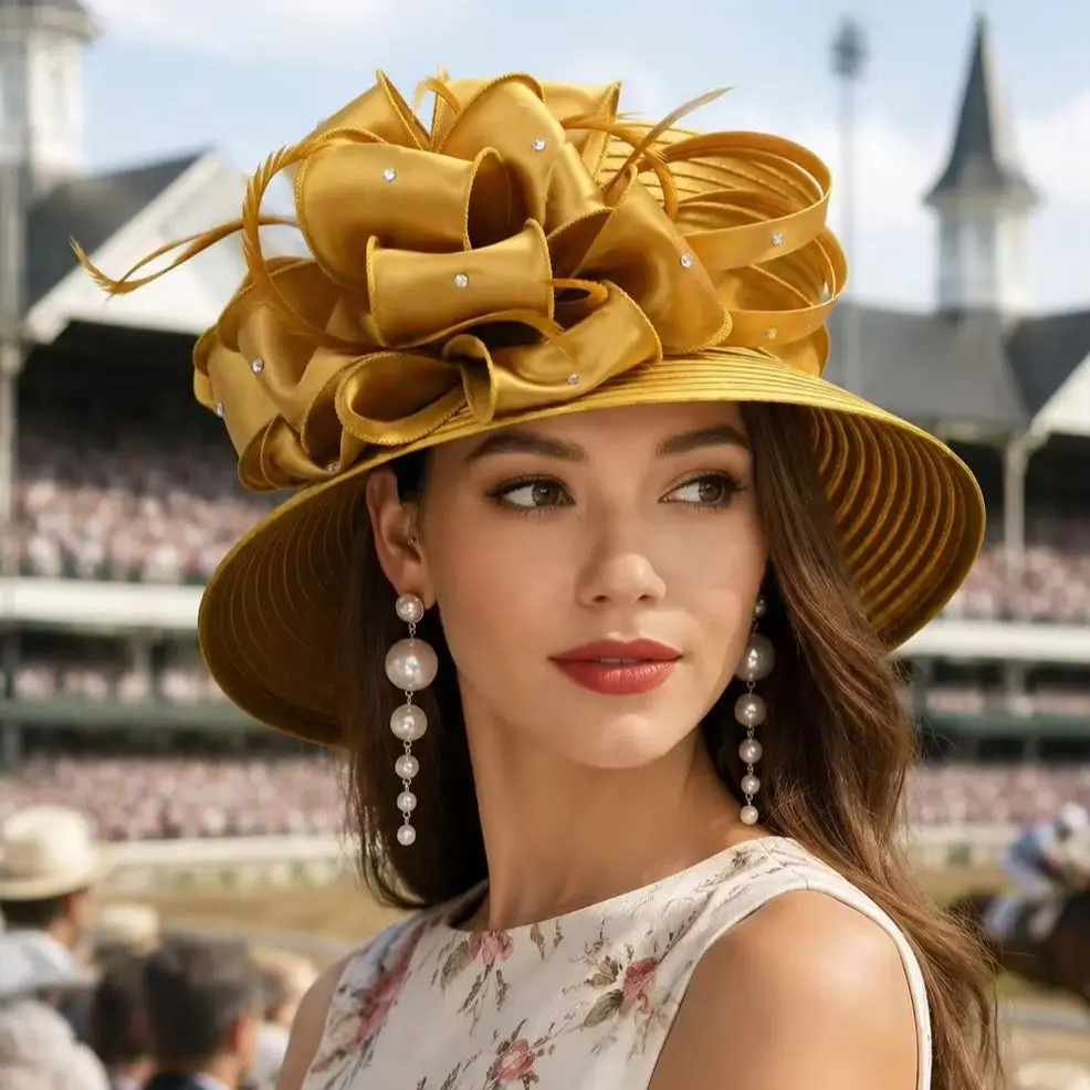 Women Elegant Satin Derby Hat Wide Brim Church Hat Rhinestone Floral Tea Party Wedding Fascinator for Ladies 4585