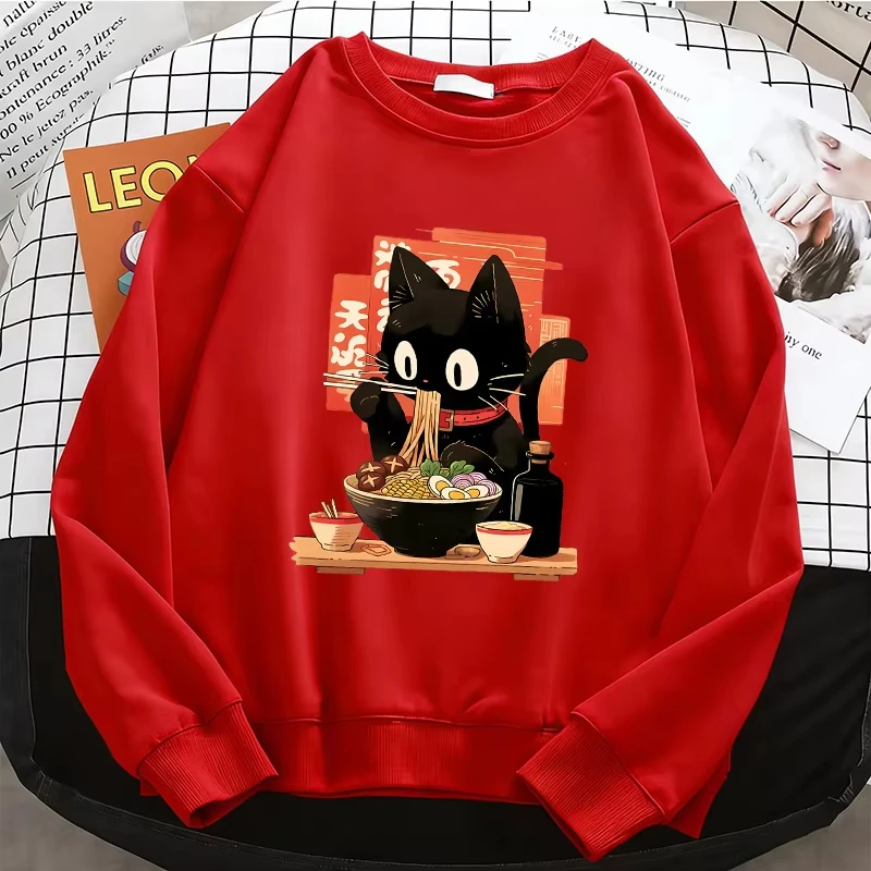 Funny Black Lamian Noodles Cat Japanese Anime Style Printed Long Sleeve Sweater Soft Round Neck Pullover Casual Dress