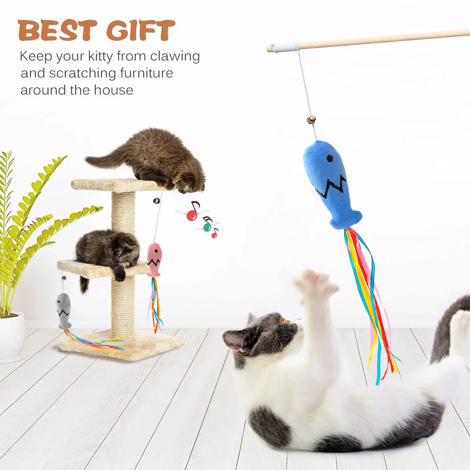 Fashion Cat Wand Toy, Natural Wooden Cat Teaser Wand for Cat, Interactive Elastic String Cat Stick Pole Toy for Indoor Cats