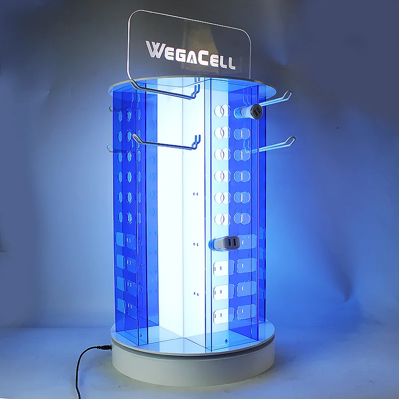 Factory counter, acrylic rotating display stand, mobile phone accessories display stand, desktop display stand with light