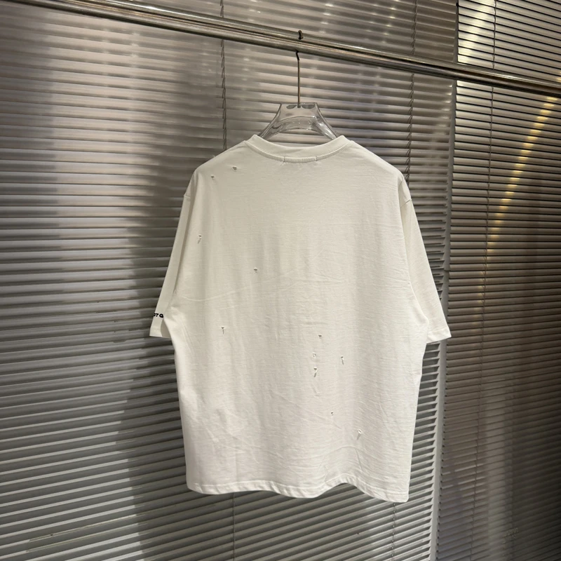 PROJECT Hole Damaged Fist Flag Print T Shirt Men Women Vintage Washed Loose Short Sleeve Tops T-shirt