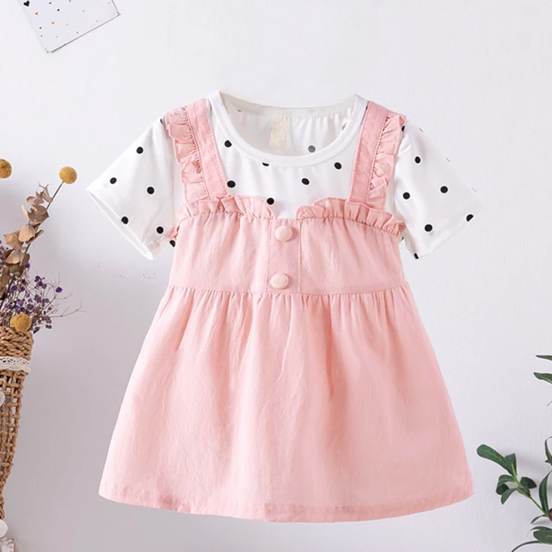 Summer Kid Girl Dress Short Sleeve Solid Children Clothing Birthday Party Princess Costume Toddler Girl Suit Infant Outfit A1198