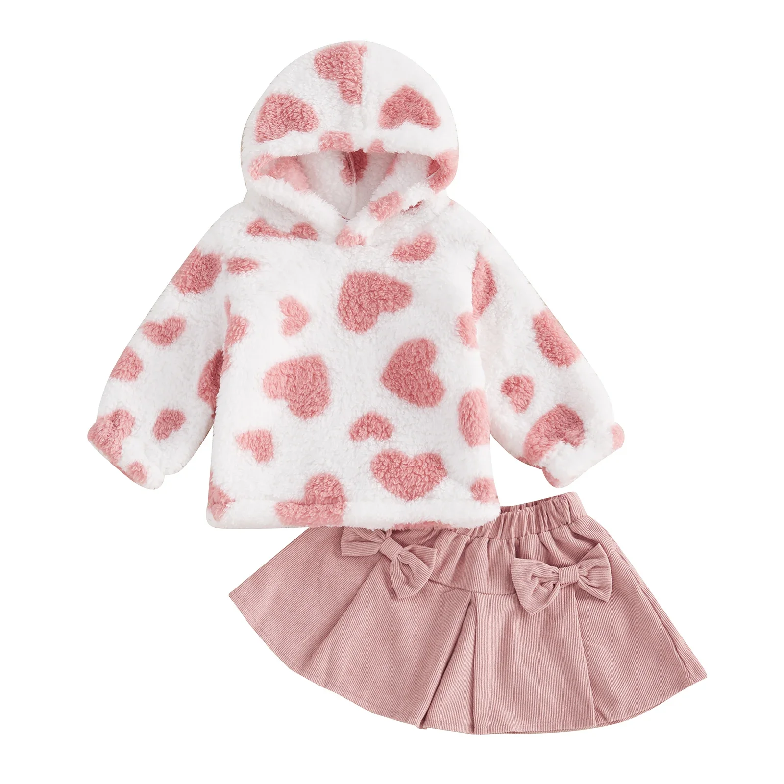 Conjunto cálido de invierno para niña pequeña, sudadera con capucha de lana de manga larga con corazón, falda con cintura elástica y lazo, conjunto de 2 piezas, conjuntos bonitos de invierno para bebé