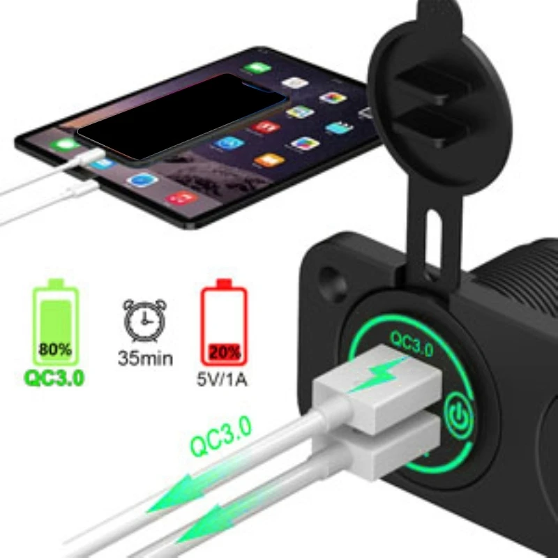 QC 3.0 Dual USB Car Charger C-Igarette Lighter Socket 12V Fast Charger with Contact Switch for Boat Motorcycle Truck