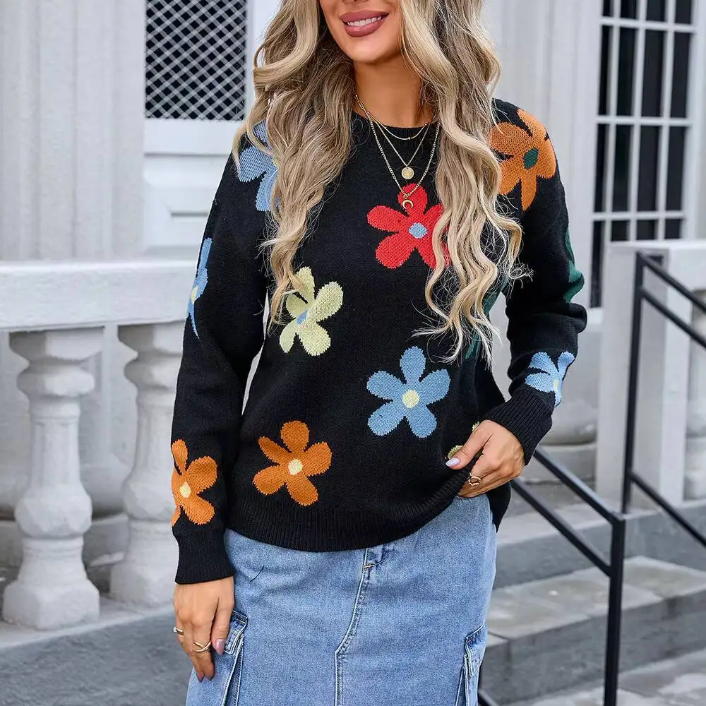 

2025 korean fashion New sweater women O Neck Hit The color Floral knitwearcasual pullover