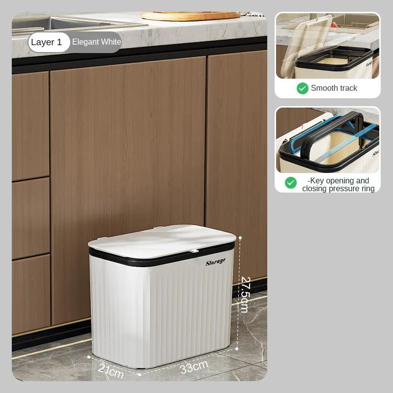 

Large Capacity Kitchen Trash Bin with Sliding Lid - Movable Double-Layer Design Plastic Material 1/2/3 Tiers