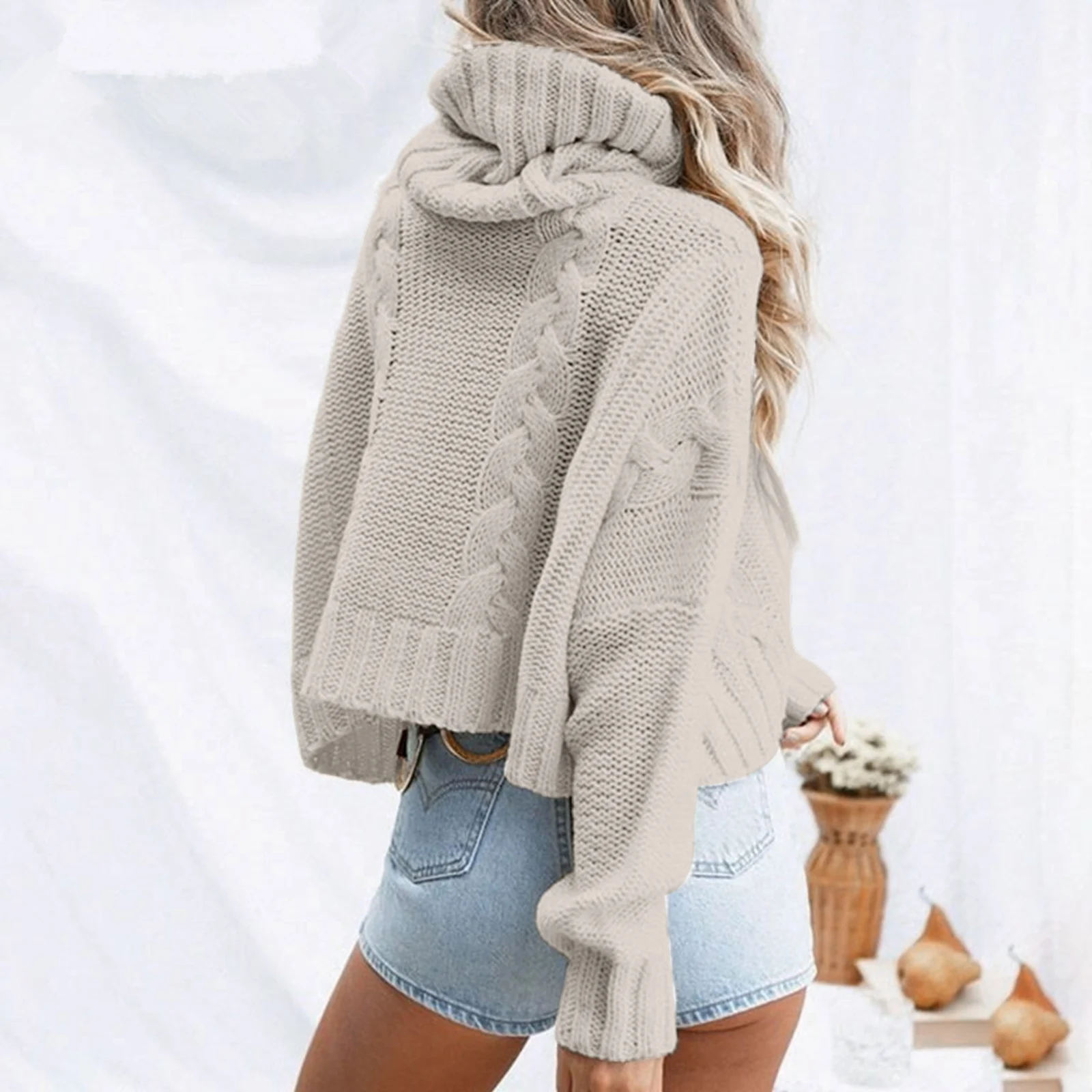 الياقة المدورة كابل متماسكة اقتصاص سترة طويلة الأكمام البلوز بلون عارضة متماسكة أعلى العصرية الخريف الشتاء المحاصيل البلوز #5