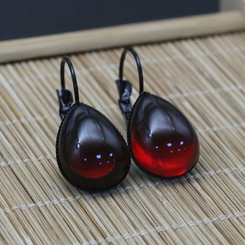 Vampire Blood Red Synthetic Gems Decor Teardrop Dangle Earrings Goth Style Alloy Jewelry Daily Wear Accessories