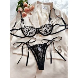 Women's Sexy Underwear Style Romantic Love Embroidery Sexy Sling See-through Mesh with Steel Ring Panties Set