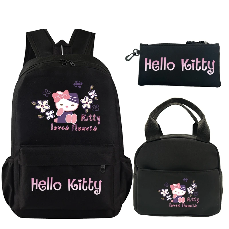 Sanrio-mochila con estampado de Hello Kitty para niño y adolescente, morral escolar con bolsa para el almuerzo, estuche para lápices, Juego de 3 unidades