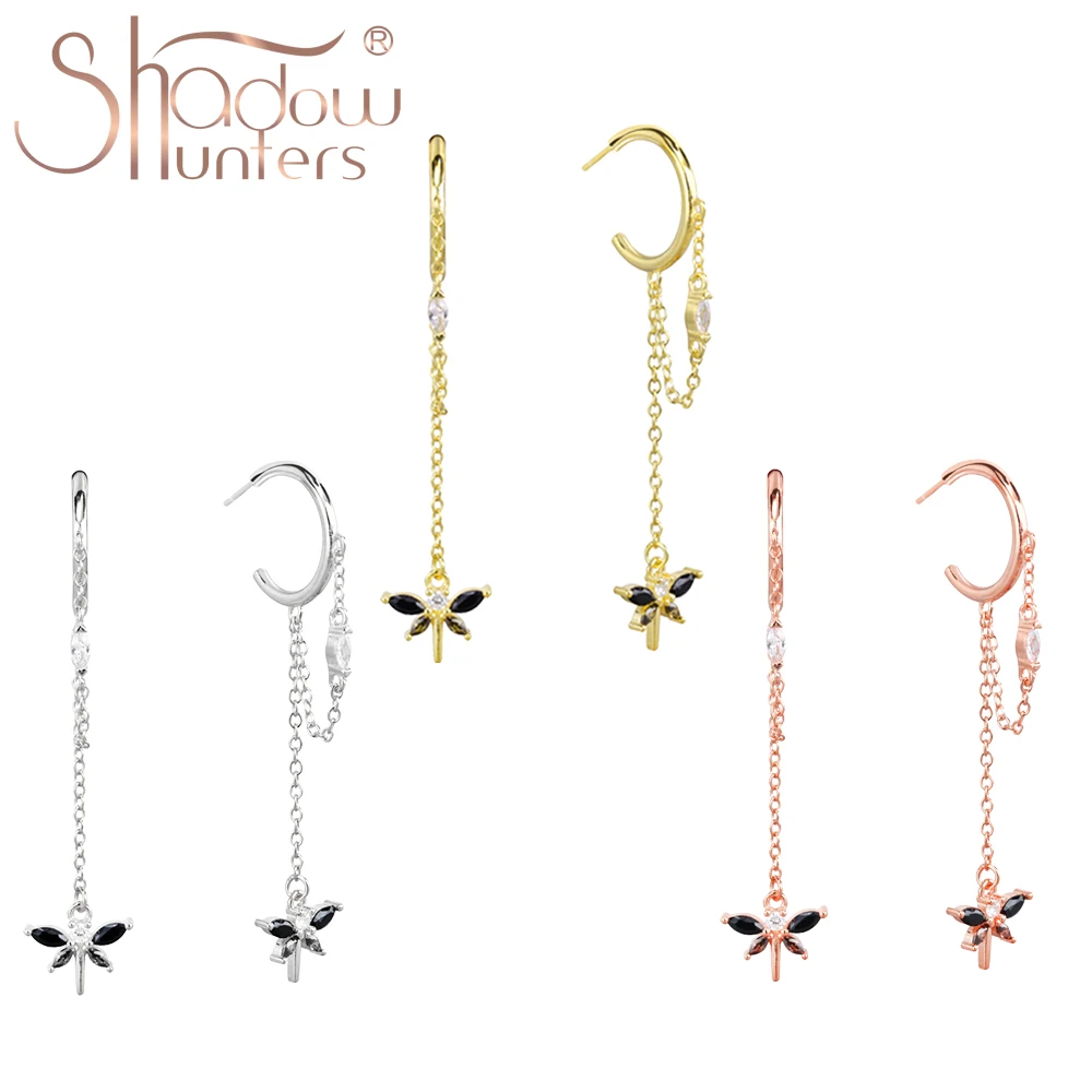 

SHADOWHUNTERS 925 Sterling Silver Luxury Women Drop Earring 3D Dragonfly Charm Chain Earrings With Zircon Cute Animal Chain Stud